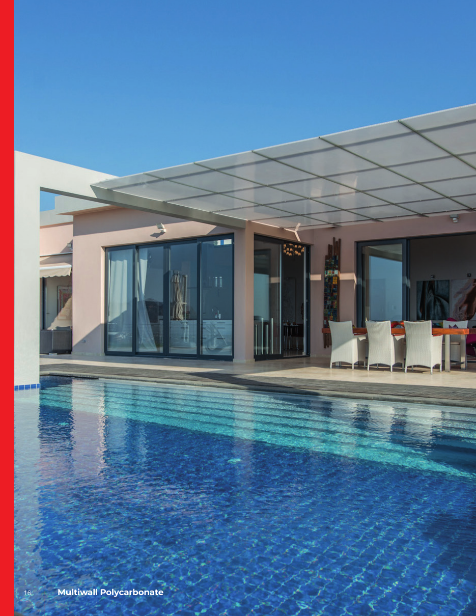 Pool canopy with multiwall polycarbonate roofing